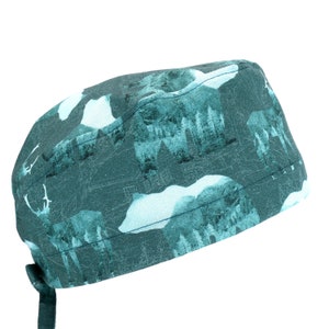 100% Cotton Men&#39;s Surgical/Dental/Anesthesiologist Breathable Scrub Cap with Tie Back, w/ or w/o Sweatband, Wildlife Animals, Deer Bear Teal