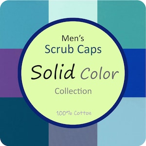 May include: A circle with a light green background and a dark blue border. The text "Men's Scrub Caps Solid Color Collection 100% Cotton" is written in black. The circle is surrounded by squares of different shades of blue, teal, and purple.