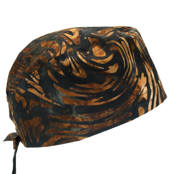 100% Batik Cotton Men's Surgical/Dental Scrub Cap with Tie Back, Breathable Medical Scrub Cap, w/ or w/o Sweatband, Autumn Brown Swirl