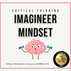 May include: Pink and white graphic with the words "IMAGINEER MINDSET" in bold black letters. A cartoon brain holds blue dumbbells. The text "Critical Thinking" and "The Wall Street Journal" are also present.