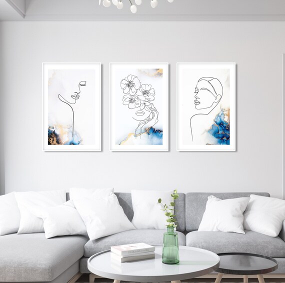 Set of 3 Minimalist Blue Abstract Art Prints Modern Female Etsy