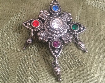 Broche Bob Mackie argentée avec strass 4 couleurs