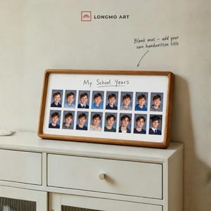 May include: A rectangular wooden picture frame containing a white mat with the text My School Years and fourteen individual portrait photos of the same person at different ages. The frame features the Longmo Art logo at the top.