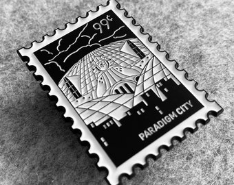 Noir Mech City Enamel Pin – Stamp Style Urban Sci-Fi Design