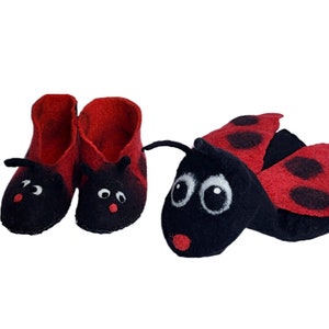 Hand felted Wool Ladybug Children's Slippers Shoes Hand felted Wool Ladybug Children's Slippers Shoes