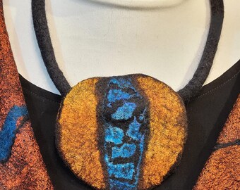 Felted Merino Wool Statement Necklace: Burnt Orange & Blue Pendant