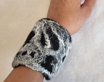 Wool cuff, Wide felted bracelet, Chunky black and white bracelet