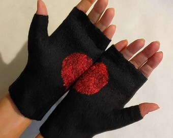 Felted fingerless gloves, wool merino mittens, black gloves, felt mitts