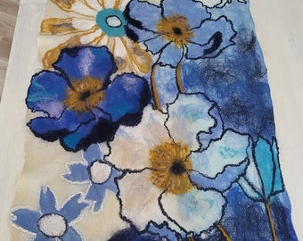 Harmony in blue shawl Original Felt Wearable art Nunofelted Floral pattern Wool painting