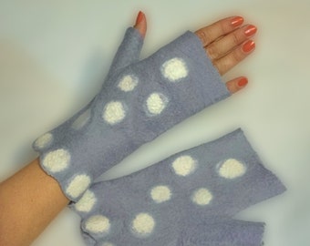 Felted fingerless gloves, Felt mittens Gray and white, Merino mitts, Wool gloves