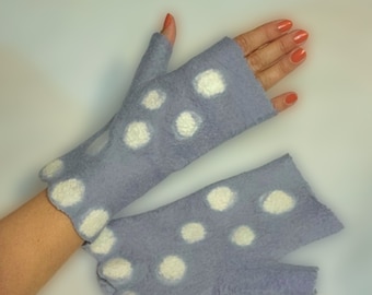 Felted fingerless gloves, Felt mittens Gray and white, Merino mitts, Wool gloves