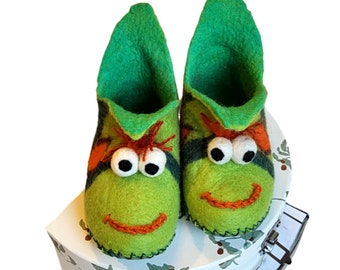 Felted Wool Caterpillar Slippers: Kids' Funny Face Booties, Gift Wrapped