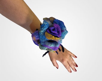 Multicolored extra large rose felted bracelet  ,  rose flower corsage