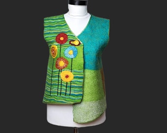 Wool felted vest, Boho style , Nuno felted waistcoat, Asymmetric vest,  floral embroidery