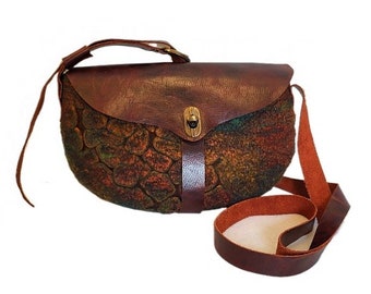 Handgevilte schouder/crossbody tas, tas van wol en leer