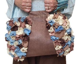 Top handle bag, hand felted purse, wool and genuine leather, brown beige and blue
