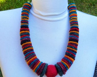 Chunky Felted Wool Disc Necklace: Earthy Boho Statement Jewelry