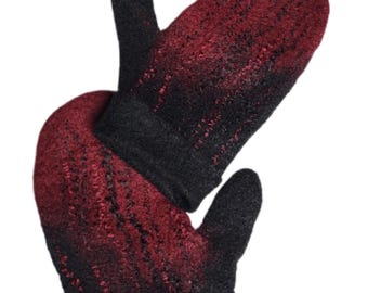 Women wool gloves, felted mittens, black and dark red