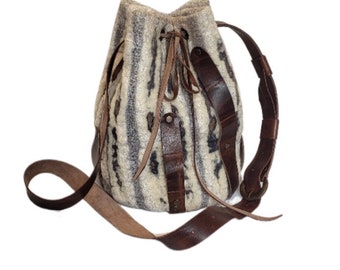 Hand felted bag, wool and leather accessories shoulder/crossbody  bag , tree bark texture