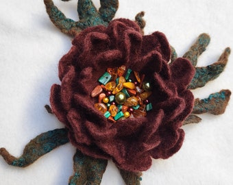 Felt Flower Brooch: Beaded Wool Corsage, Elegant Dark Bordo Jewelry
