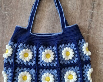 Crochet Bag, Daisy Granny Square Bag, Crochet Daisy Tote Bag, Crochet Floral Purse, Handmade Floral Tote Bag