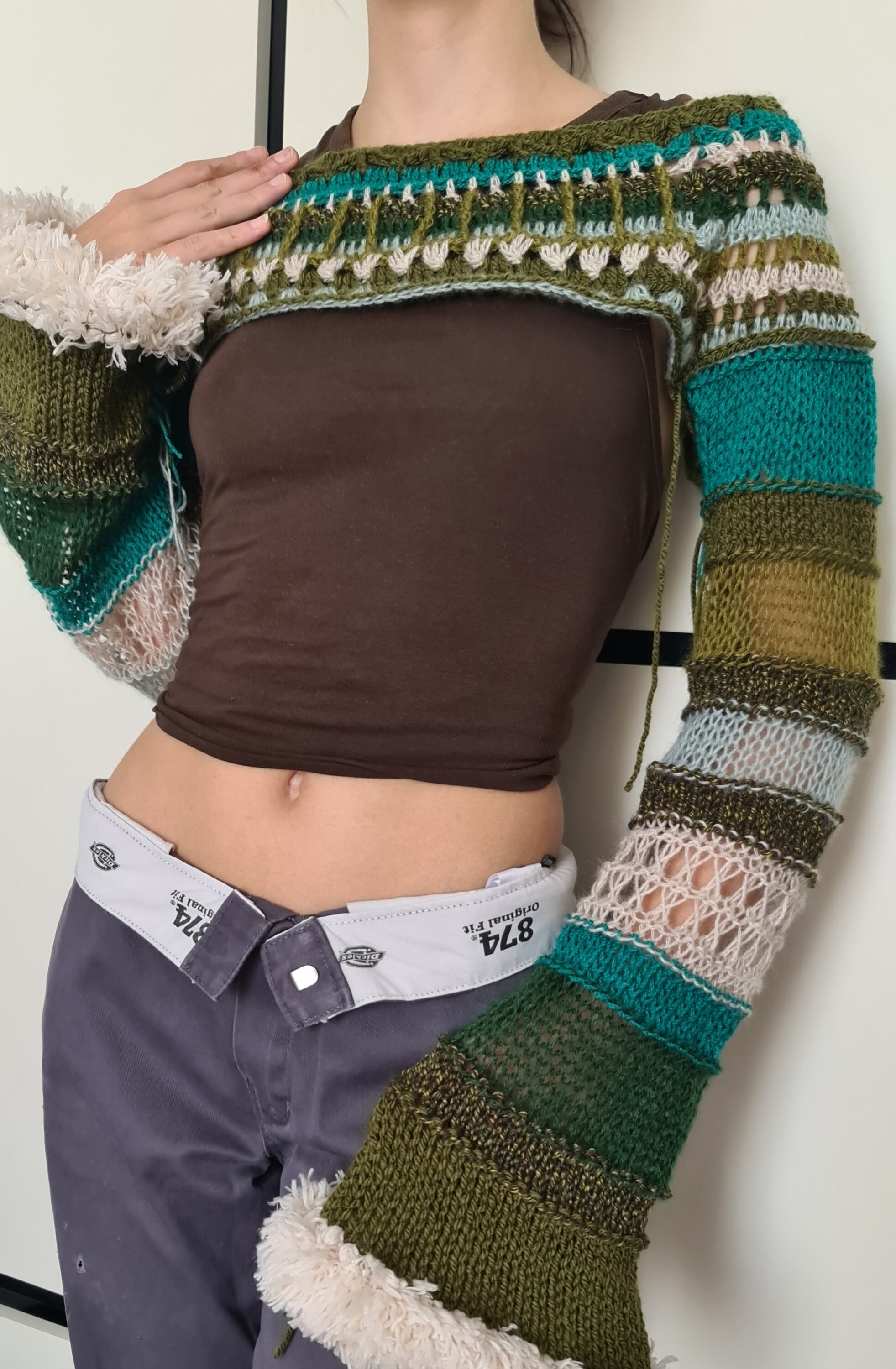 Y2K Moss Crochet Bolero Shrug Arm Sleeve Knitted Crop Top Hollow