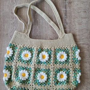 Crochet Bag, Daisy Granny Square Bag, Crochet Daisy Tote Bag, Crochet Floral Purse, Handmade Floral Tote Bag