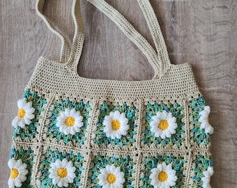 Crochet Bag, Daisy Granny Square Bag, Crochet Daisy Tote Bag, Crochet Floral Purse, Handmade Floral Tote Bag