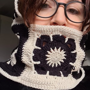Black and white Granny Square Crochet Balaclava,Winter FullFace Mask,Granny Square Hoodie,Vegan Balaclava,new design crochet balaclava
