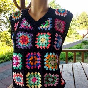 granny square vest, crochet vest, handmade boho vest, vintage crochet clothing, festival outfit, hippie vest, 70s style vest