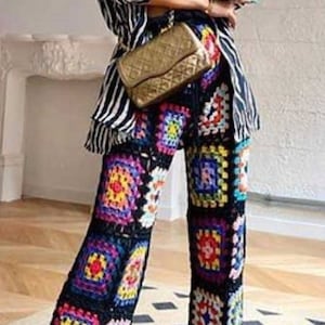 Granny Square Crochet Pants,crochet pants,colorful patchwork pants