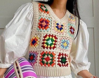 Garnny Square Vest for women, Patchwork Granny Square sweater , Handmade Granny Square crochet vest, crochet top