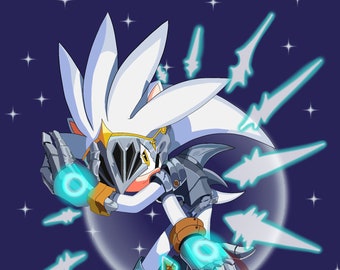 May include: A silver hedgehog character with a knight's helmet and armor, wielding a glowing blue spear, surrounded by glowing blue projectiles against a dark blue starry background.