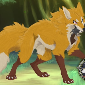 May include: A cartoon fox with orange fur and a white tail tip is holding a black gun in its mouth. The fox is standing in a green forest with a patch of grass in the foreground. The fox is looking to the right of the image. The text "TRIGGER AND YOU'LL MAKE IT THROUGH WITH STICK 444" is in a circle with a fox head in the center.