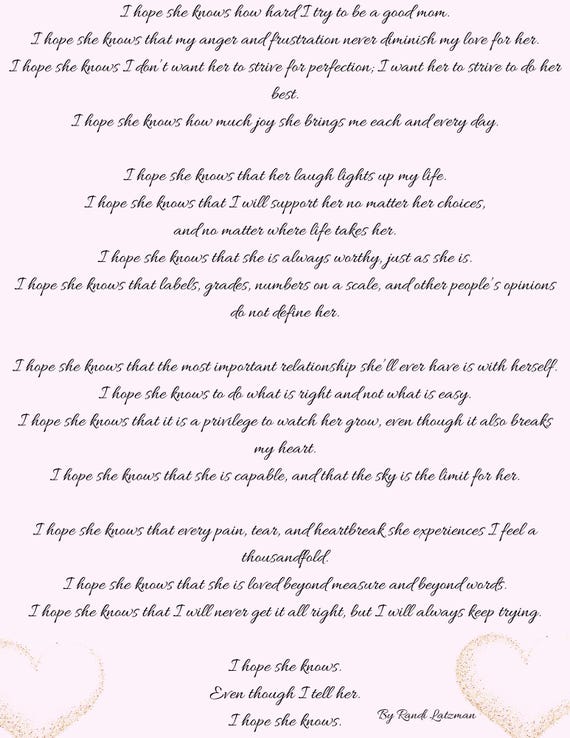 I Hope She Knows Poem Printable | Motherhood Poetry for