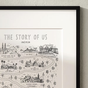K&ouml;nnte beinhalten: Ein gerahmter schwarz-wei&szlig;er Kunstdruck mit dem Titel THE STORY OF US und den Namen GAM & MEGAN. Die Illustration zeigt eine kurvenreiche Stra&szlig;e, die verschiedene Wahrzeichen wie den Mount Work Trail, eine F&auml;hre, Mexiko und England verbindet.