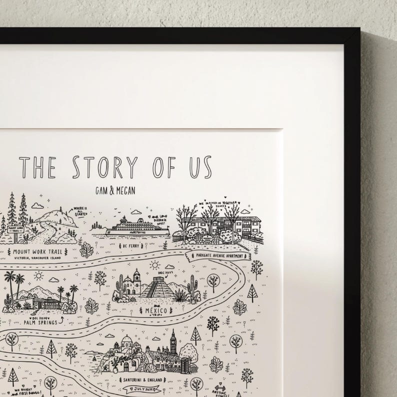K&ouml;nnte beinhalten: Ein gerahmter schwarz-wei&szlig;er Kunstdruck mit dem Titel THE STORY OF US und den Namen GAM & MEGAN. Die Illustration zeigt eine kurvenreiche Stra&szlig;e, die verschiedene Wahrzeichen wie den Mount Work Trail, eine F&auml;hre, Mexiko und England verbindet.