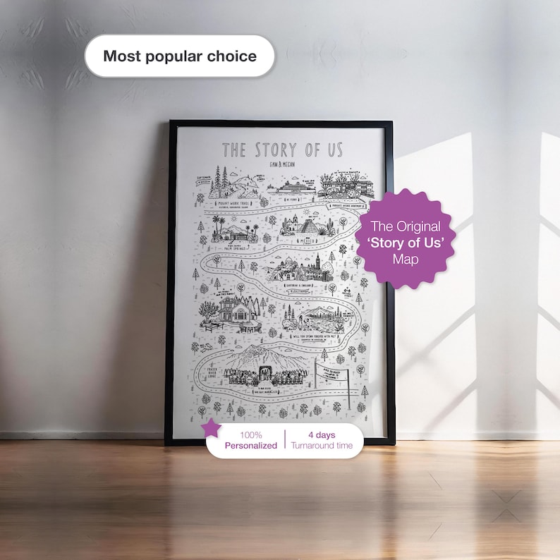 K&ouml;nnte beinhalten: Eine gerahmte, schwarz-wei&szlig; illustrierte Landkarte mit dem Titel THE STORY OF US, die verschiedene Wahrzeichen, B&auml;ume und einen gewundenen Pfad zeigt. Der Druck enth&auml;lt Textbeschriftungen f&uuml;r Orte und die Namen Liam & Megan sowie eine lila Stern-Grafik.