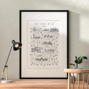K&ouml;nnte beinhalten: Ein gerahmter schwarz-wei&szlig;er Kunstdruck mit dem Titel THE STORY OF US, der eine gewundene Stra&szlig;enkartenillustration mit verschiedenen Sehensw&uuml;rdigkeiten, B&auml;umen und Textbeschriftungen zeigt. Der Druck befindet sich in einem schwarzen Rahmen mit wei&szlig;em Passepartout.