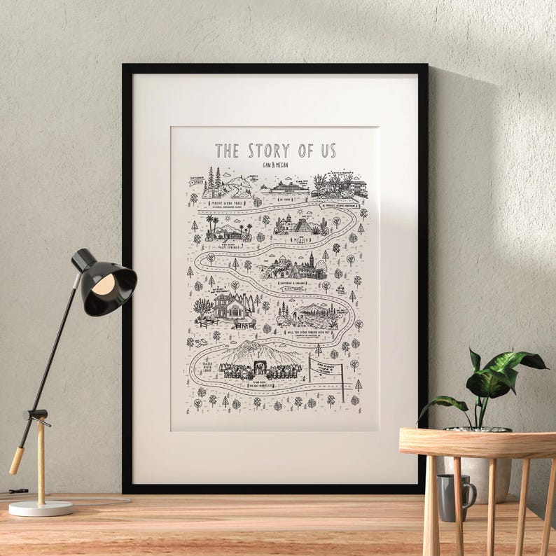 K&ouml;nnte beinhalten: Ein gerahmter schwarz-wei&szlig;er Kunstdruck mit dem Titel THE STORY OF US, der eine gewundene Stra&szlig;enkartenillustration mit verschiedenen Sehensw&uuml;rdigkeiten, B&auml;umen und Textbeschriftungen zeigt. Der Druck befindet sich in einem schwarzen Rahmen mit wei&szlig;em Passepartout.