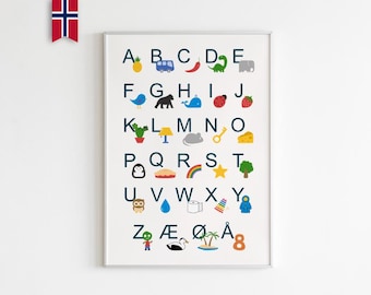 ABC Norsk alfabet- Norwegian alphabet - Alphabet poster - Printable wall art - Nursery poster - Educational print - Kids decor