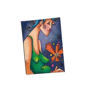 Arte astratta originale ATC, Signora con girandola, Arte in miniatura, Carte collezionabili d'artista, ACEO