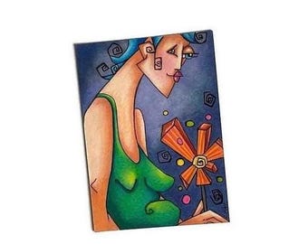 Originele abstracte kunst, dame met vuurrad, artiest-ruilkaartafdruk
