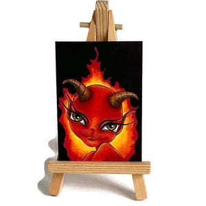 Originele kunst ATC, Green Eyed She Devil Art, OOAK-kunstwerk, Halloween schattige duivelkunst, miniatuurkunstwerk, verzamelkunst, ACEO