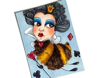 ATC Original Art,Queen of Hearts Bumblebee Artwork, OOAK Artwork,Alice in Wonderland Art,ACEO,Collectible Art,Miniature Artwork