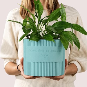 Op de afbeelding: Een cilindervormige, geribbelde, blauwgroene plantenpot met een glad rechthoekig plaatje aan de voorzijde. Het plaatje is gegraveerd met de tekst "Schön, dass es dich gibt Sarah" en een klein hartje. Er staat een groene plant in de pot.