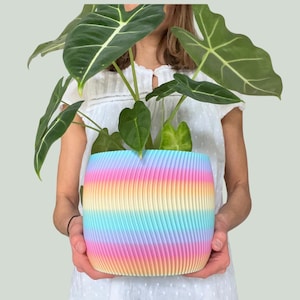 Könnte beinhalten: Ein regenbogenfarbener Pflanzer mit einem wellenförmigen Design. Der Pflanzer ist aus Kunststoff und hat eine hellblaue, rosa, gelbe und orangefarbene Farbgebung.