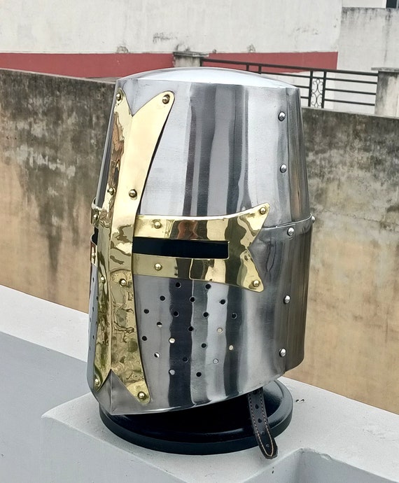 Medieval Templar Knight Helmet with Mason's Brass… - image 1