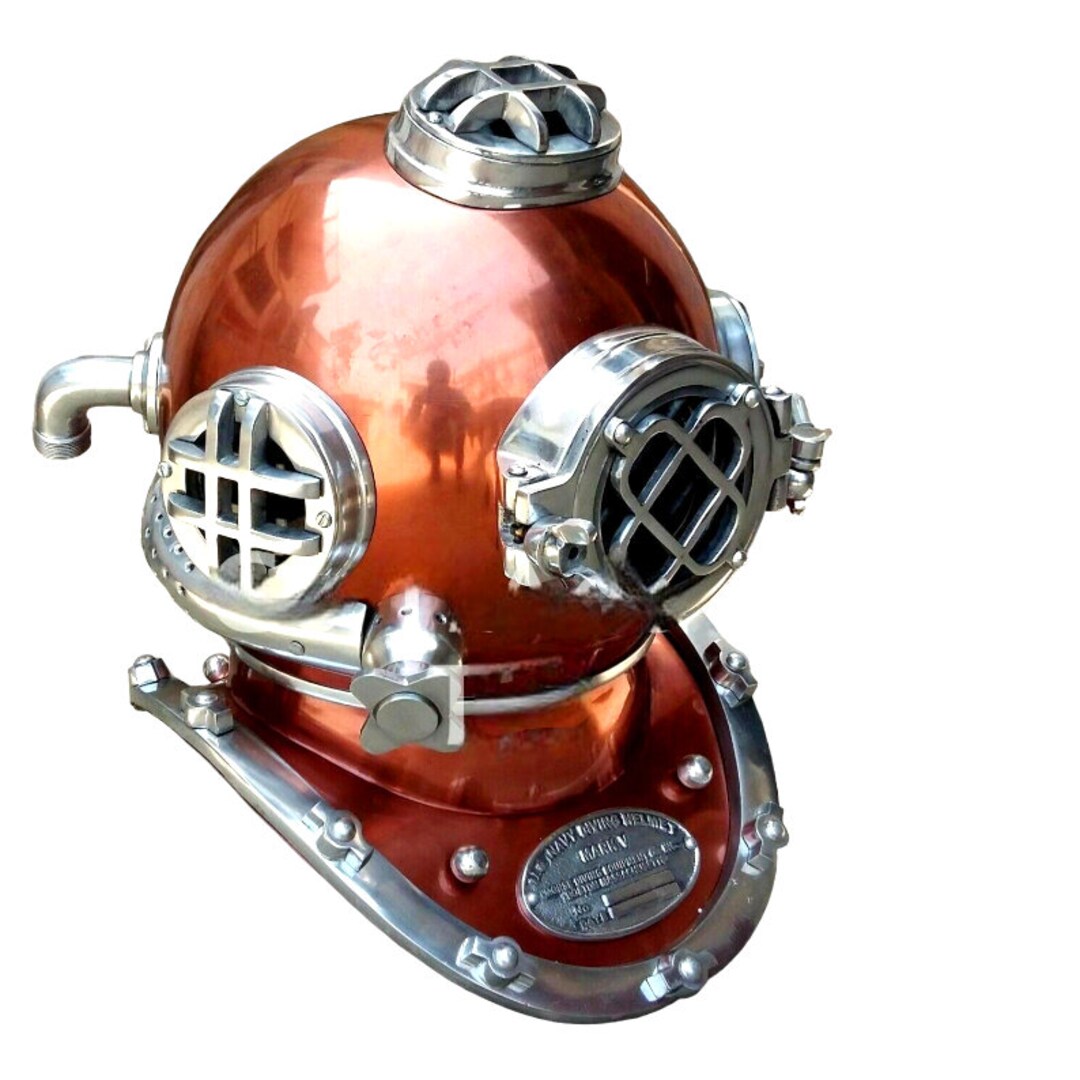 Vintage US Navy Mark V Divers Helmet Replica With Wooden Base Antique