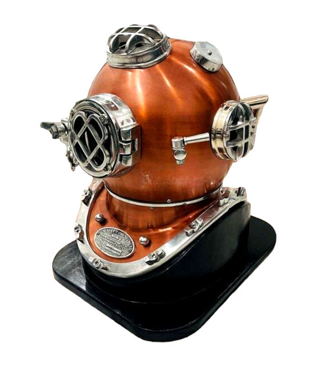 Vintage US Navy Mark V Divers Helmet Replica With Wooden Base Antique